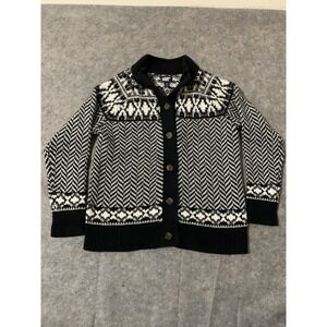 Lands End Cardigan Sweater Womens Medium Chunky Knit White Black Button Cotton